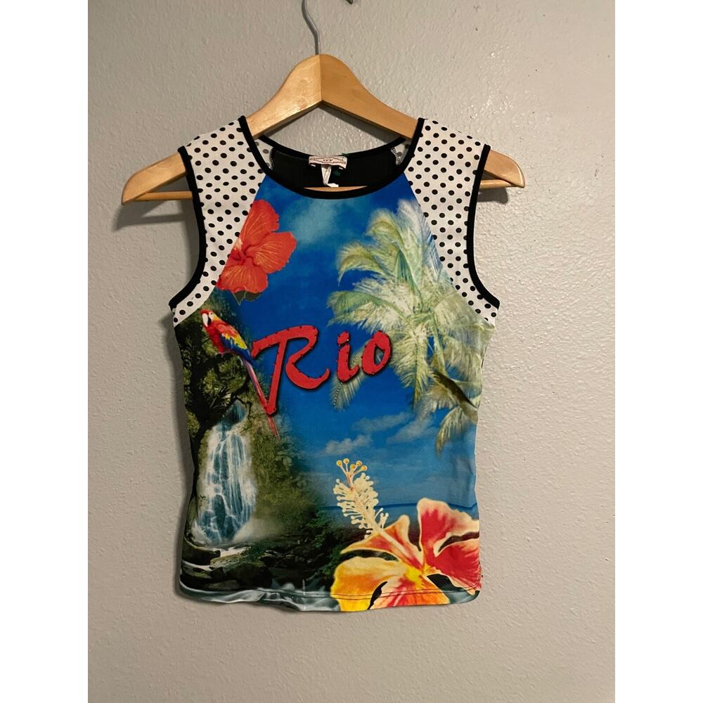 Vintage Ivy Juniors Tank Top Large Tropical Print Mesh Rhinestone Rave 90s Y2K